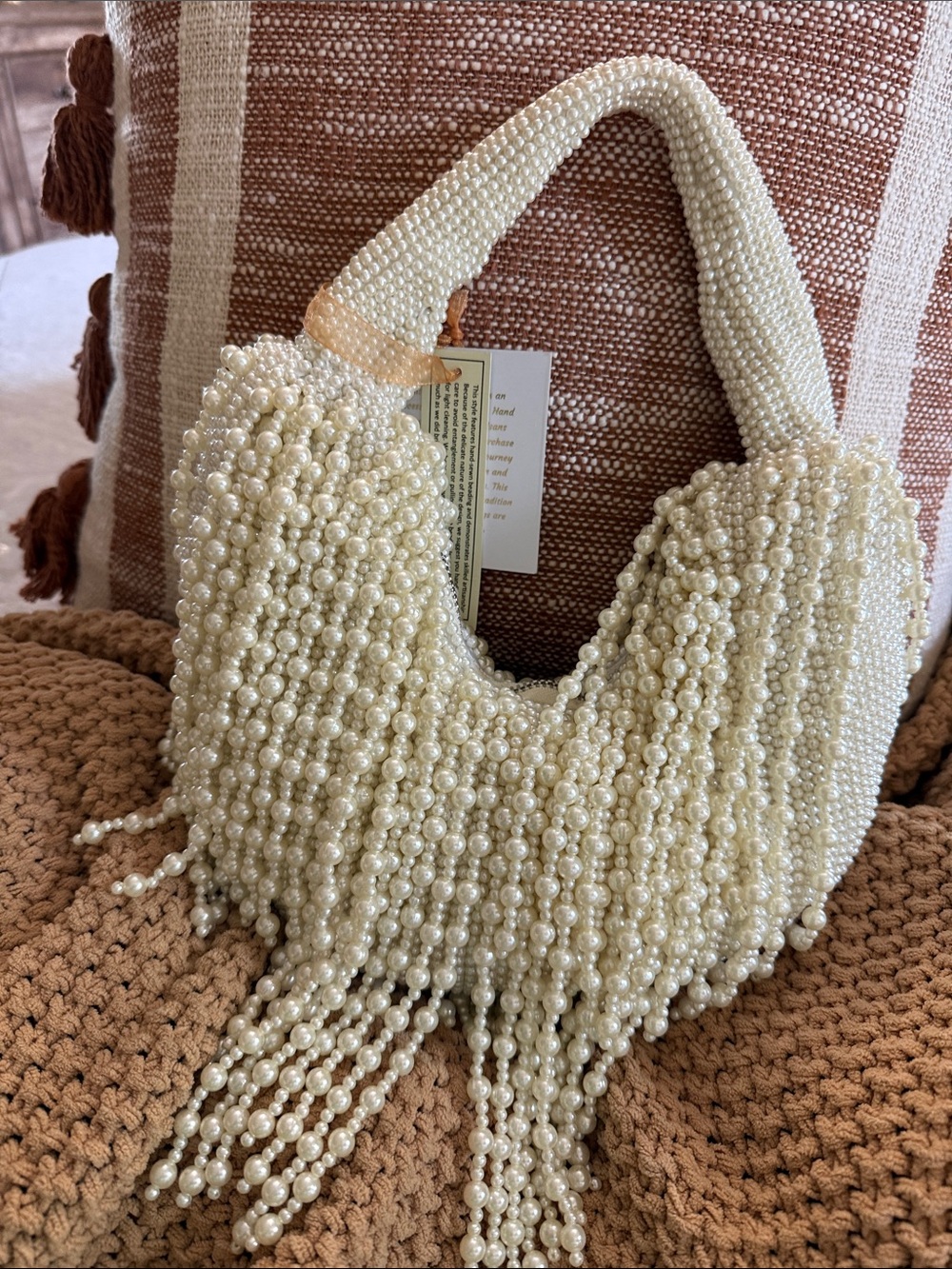 Pearl Beaded Fringe Shoulder Bag - Cream - Lovely!